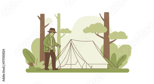 Camping Adventure: Preparing A Tent Amidst The Serene Natural Surroundings Scene