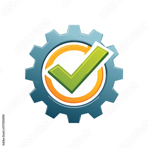Success Mechanism: A bold graphic captures the essence of efficiency with a central check mark, signifying the achievement of a goal, set within a cogwheel motif.