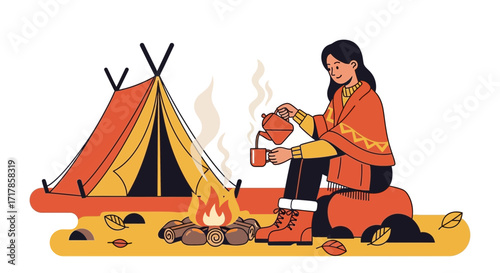 Camping Experience With Beverage Beside Campfire and Encampment During Sunset, A Lively Moment