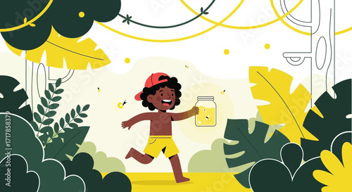 Cheerful Child Hunting, Enjoying Nature, Catching Fireflies, Jungle Environment Illustration