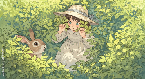 Captivating Illustration Featuring A Curious Young Girl And A Curious Rabbit In Lush Foliage