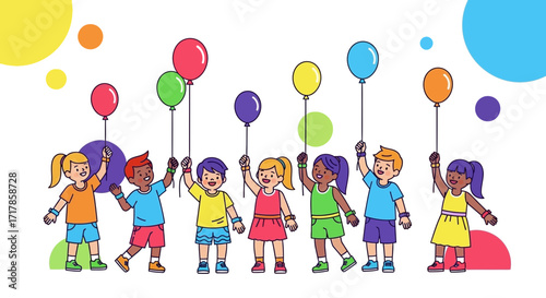 Cheerful Children Celebrating With Colorful Balloons Against A Minimalist White Backdrop