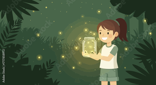 Captivating Young Girl Holding Glow Worms In A Glass Jar Surrounded By A Green Forest