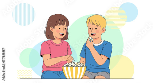 Cheerful Couple Sharing Popcorn, Communicating And Enjoying Together, Illustration Design