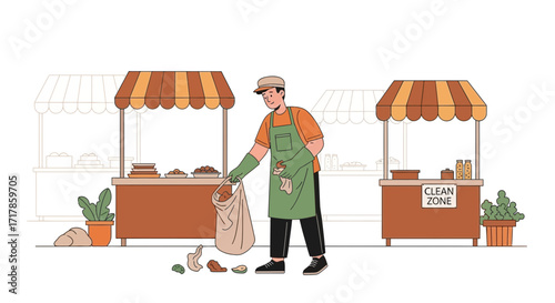 Caring Citizen Clearing Debris From a Street Market Stands For Environment Preservation