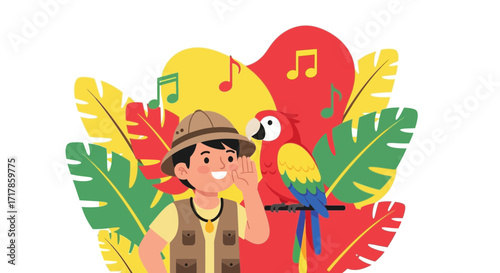 Cheerful Explorer Shares Music With a Colorful Parrot Amidst Exotic Tropical Foliage