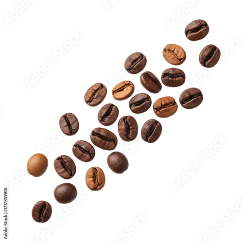 Scattered coffee beans isolated on transparent background create a visually appealing pattern, showcasing the rich brown tones and textures, ideal for illustrating coffee culture and aromatic indulgen