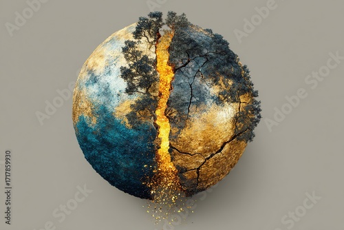 A stylized globe split in half, showcasing a vibrant forest on one side and a barren landscape on the other, symbolizing environmental contrast and climate change.