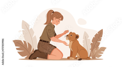 Caring Zookeeper Interacts Gently With A Young Lion Cub Amidst Botanical Elements