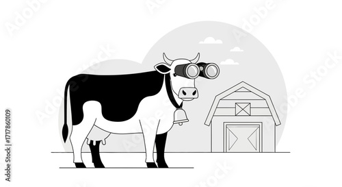 Cartoon Cow Observes Farm with Binoculars, Barn in Background on a White Background