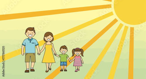 Cheerful Family Walking Together Under The Warm Rays Of The Sun On A Bright Day