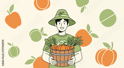 Cheerful Farmer Harvesting Fresh Vegetables And Fruits In A Basket, Healthy Lifestyle