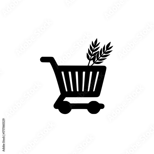Minimal shopping cart with wheat icon graphic suitable for bakery grain and organic market use
