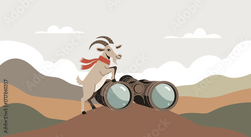 Cheerful Goat Gazing Over Scenic Vista Through Binoculars, A Whimsical Illustration