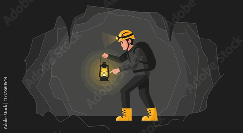Cave Explorer Navigating A Dark and Mysterious Underground Cavern With A Lantern