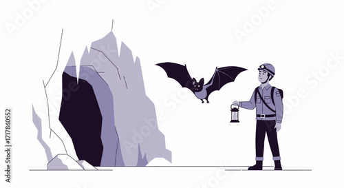 Cave Explorer Encountering a Bat: A Vector Illustration of Wildlife and Discovery