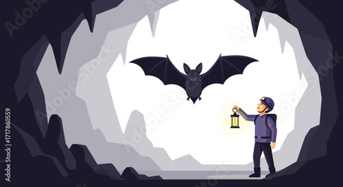 Caves Exploration Featuring Bat Encounter and a Curious Explorer with a Lamp