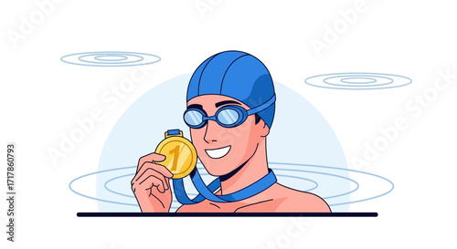Champion Swimmer Holding Gold Medal Smiling Proudly With Swimming Cap and Goggles