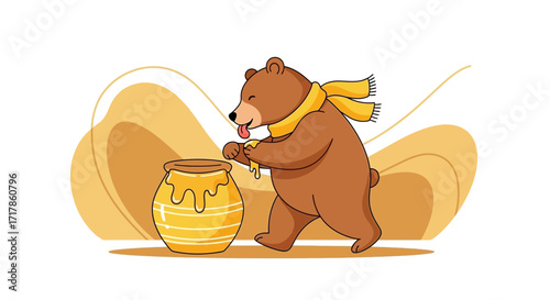Charming Bear Adorned With a Scarf, Gleefully Indulging in a Delicious Honey Pot
