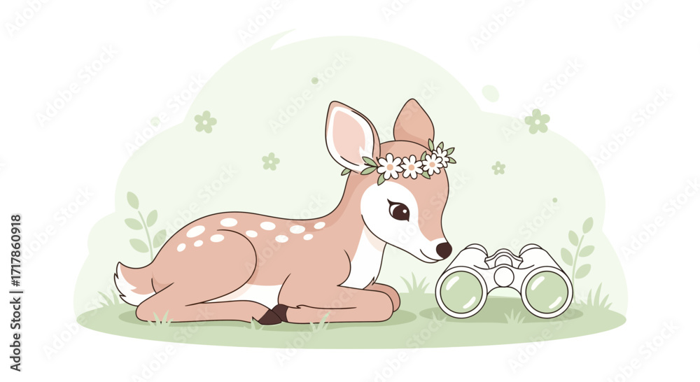 Naklejka premium Charming Fawn With Floral Crown Adjacent to Binoculars in Peaceful Setting Design