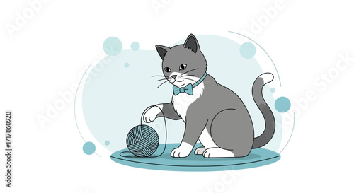 Charming Feline Playing With Yarn, Bow Tie Adorned, Delightful Illustration