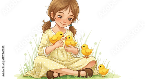 Charming Girl Interacting With Cute Yellow Chicks In A Pastoral Springtime Scene