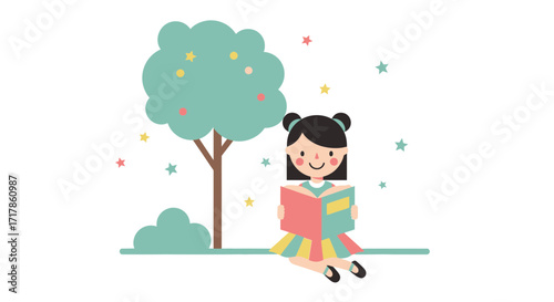 Charming Girl Reading Under The Tree: A Moment Of Calmness And Pure Imagination