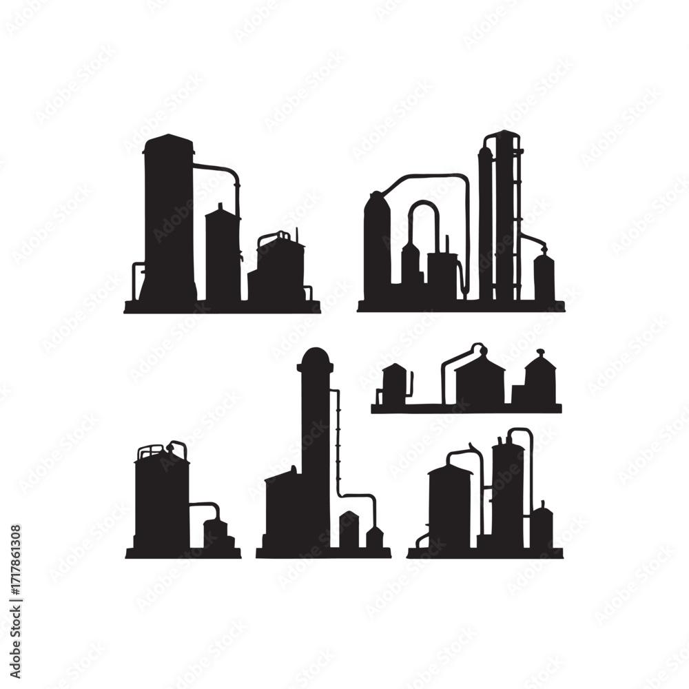 Obraz premium Black silhouette of an industrial factory with chimneys and smoke stacks. Vector illustration of manufacturing plant, industry building, and power station. Perfect for construction, energy, pollution,