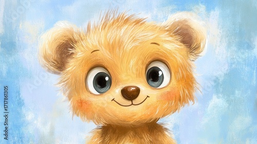 A charming colored print illustration of a cute baby honey bear.