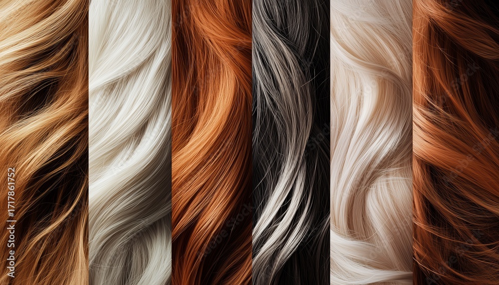 Fototapeta premium Artistic Arrangement Of Various Types Of Hair, Composing A Captivating And Visually Appealing Collage. Crafting A Unique And Intricate Display Of Different Strands.