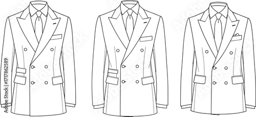 Men’s double breasted suit illustration, fashion technical drawing, tailoring sketch, formal wear design, peak lapel jacket, business attire reference, clothing pattern, 