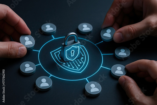 Wallpaper Mural Secure network access control illustration showing padlock shield at center connected to user tokens, collaborative hands arranging user nodes to protect data and privacy Torontodigital.ca