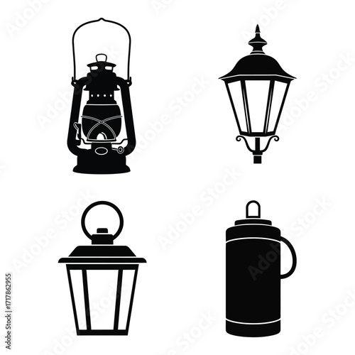 Collection of four silhouette lanterns diverse styles decorative lighting vintage ambiance old fashioned illumination silhouette
