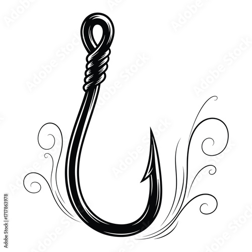 Vintage fishing hook with decorative swirls nautical emblem fishing gear graphic silhouette
