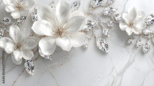 Elegant white magnolia flowers with sparkling diamond accents and delicate silver branches on a luxurious marbled background