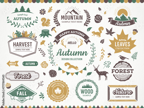 Autumn-themed graphic design elements, including emblems, labels, and illustrations of animals and nature.