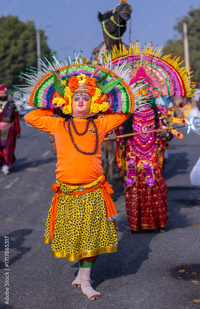 Fototapeta premium Chhau dance, Portrait of an unidentified artist with colorful mask on his face to perform the folk tribal dance bengali region called chhau dance. also spelled as Chau or Chhaau, dance in India.