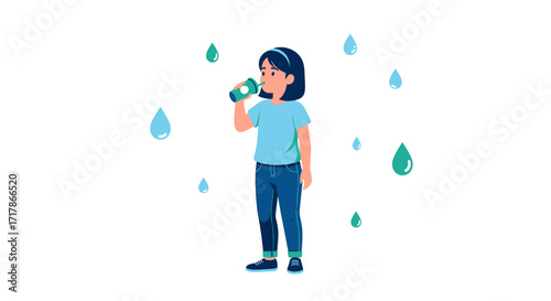 Hydration Illustration Portraying a Young Person Drinking Water and Staying Healthy