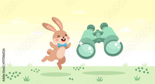 Joyful Bunny Excitedly Leaping Toward a Pair of Binoculars in a Green Field Setting
