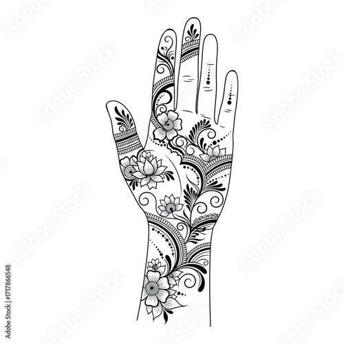 Intricate henna tattoo design adorning a human hand with floral patterns and swirls silhouette