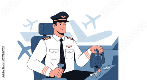 Illustrated Pilot In Cockpit Guiding Aircraft Demonstrating Modern Aviation And Travel