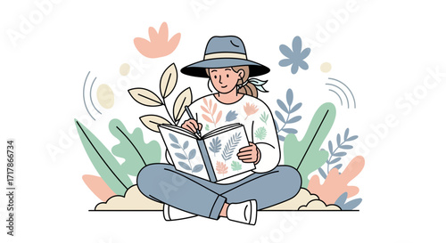 Illustrated Sketching Session: A Serene Journaling Scene Featuring Botanical Design