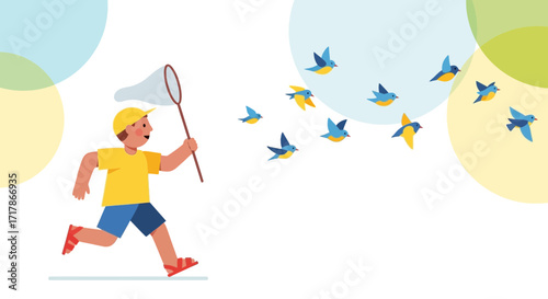 Joyful Child Chasing Birds With Net, Capturing Freedom, Springtime Adventure