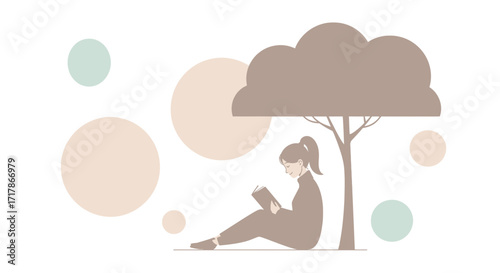Illustration Of A Woman Enjoying A Book Under A Tree In The Sunlight With Calmness