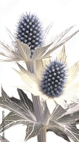 Blue thistle flowers bloom with sharp leaves against a plain background in a beautiful display of nature