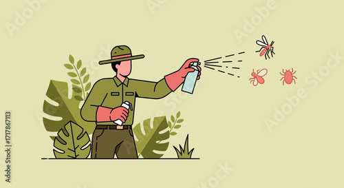 Illustration Of Pest Control Working And Spraying Insecticide To Eliminate The Bugs In The Garden