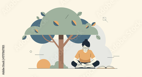 Illustration Of Studying Under A Tree While Enjoying The Fresh Air In Nature