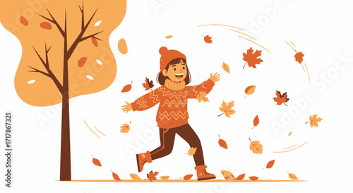 Joyful Child Embracing Autumn: An Illustration of Playfulness and Vibrant Seasonal Charm