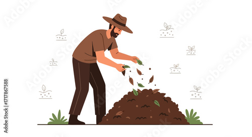 Illustrative Depiction Of Gardener Composting Organic Materials For Soil Enrichment