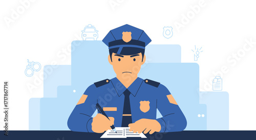 Illustrative Depiction Of Police Officer Carefully Documenting Information And Working